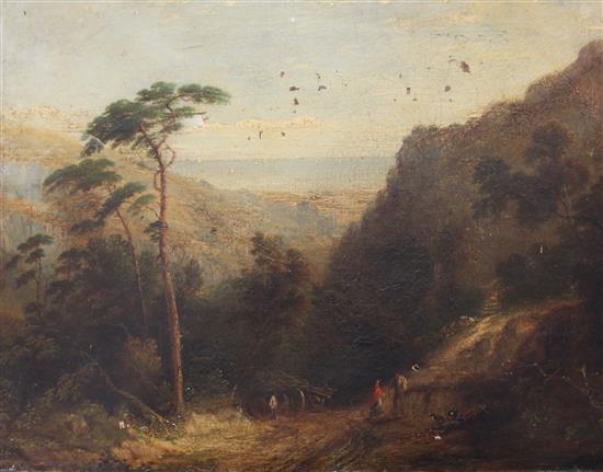 19th century English School Figures on a woodland path overlooking the coast,  unframed(-)